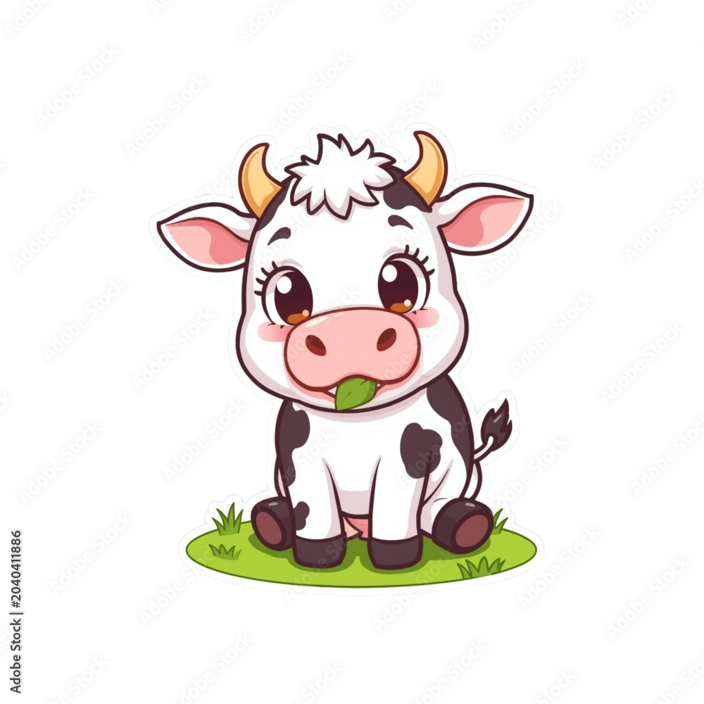 Fototapeta premium Cute Cow Eating Grass Kawaii Farm Animal Illustration