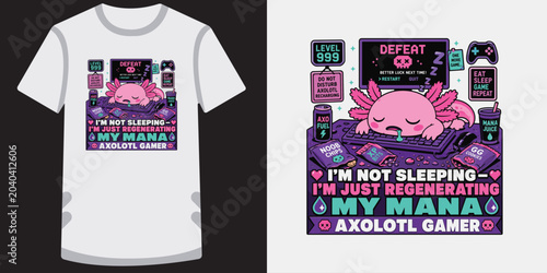 Bild auf Leinwand Sleeping axolotl gamer character regenerating mana after game defeat concept for tshirts