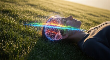 Close-up of camera lens with light trail effect on grassy field