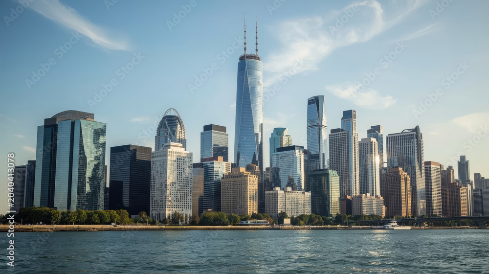 Fototapeta premium Luxury financial district skyline with modern office tower and waterfront sunlight reflecting