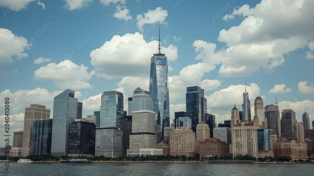 Fototapeta premium Modern financial district skyline with reflective glass towers under blue sky, serene mood