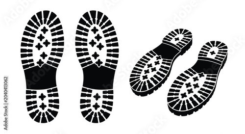 Tableau sur toile Boot sole imprints in black silhouette footwear imprint track footstep shoe rubb