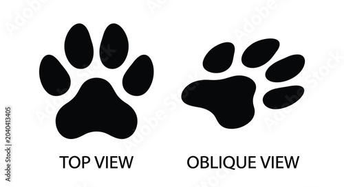 Quadro su tela Two canine paw print silhouettes a top view and an oblique view silhouette anima