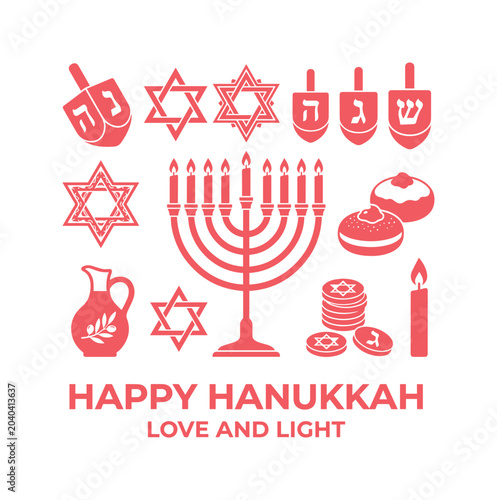 Bild auf Leinwand Happy Hanukkah Love and Light, traditional Jewish holiday symbols, red vector ic