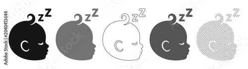 Fotografie Sleeping Baby Head Icons, a Set of Five Monochrome Vector Illustrations with Zzz