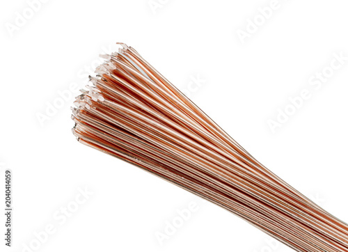 Macro shot of a fanned bundle of thin copper wires, clean white isolated surface