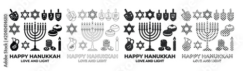 Foto Hanukkah celebration vector icon set, Jewish holiday symbols, black and white line art collection
