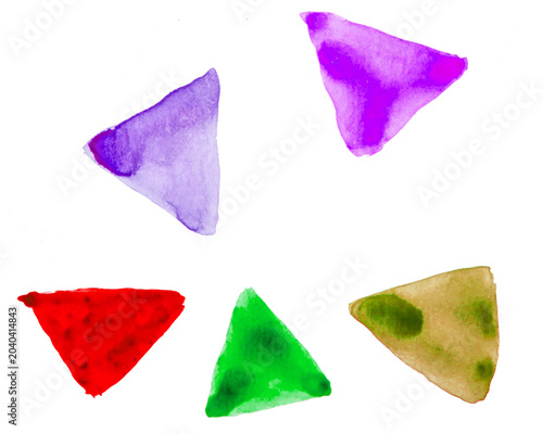 Abstract pattern with multi-colored triangles on a white background, watercolor hand drawing