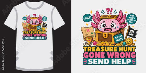 Treasure hunt gone wrong stuck axolotl funny adventure cartoon graphic for shirt design.