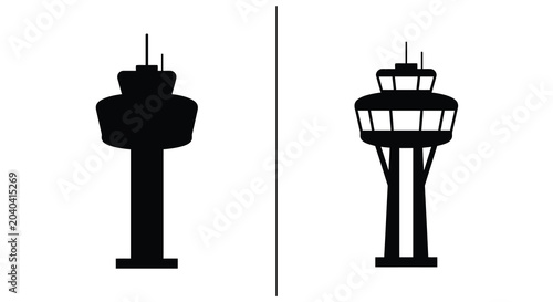 Bild auf Leinwand Air traffic control tower silhouette against a white background a stark black sh