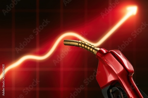 Rising Fuel Price: A close-up of a red fuel pump nozzle with a glowing red upward trend graph in the background, symbolizing rising fuel costs and economic impact.