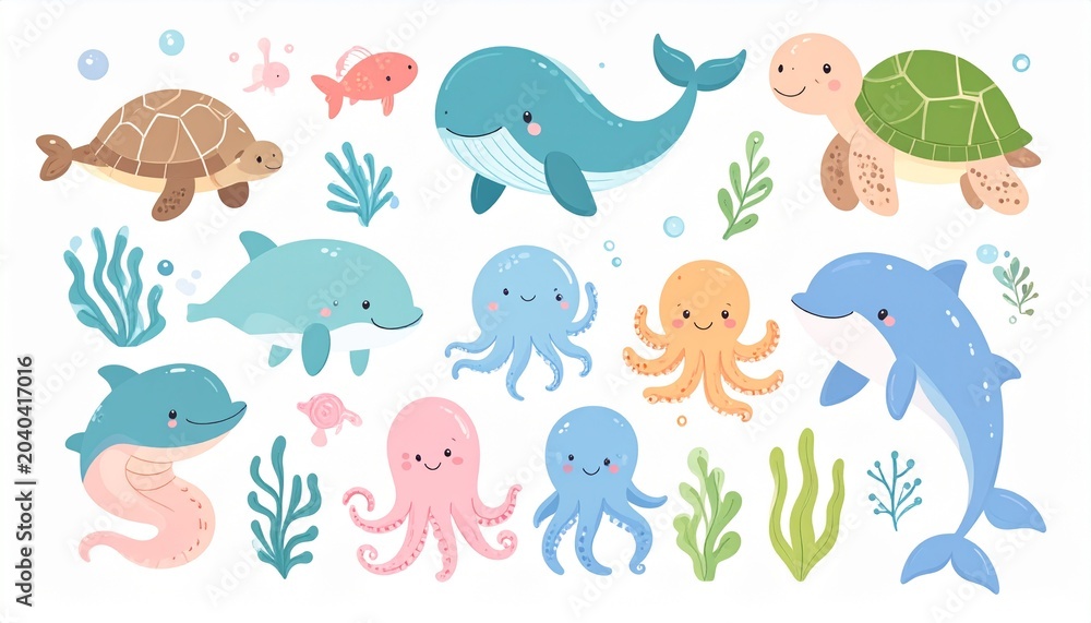 Naklejka premium Adorable sea creatures swim together in an underwater scene with turtle, whale, octopus and dolphin.