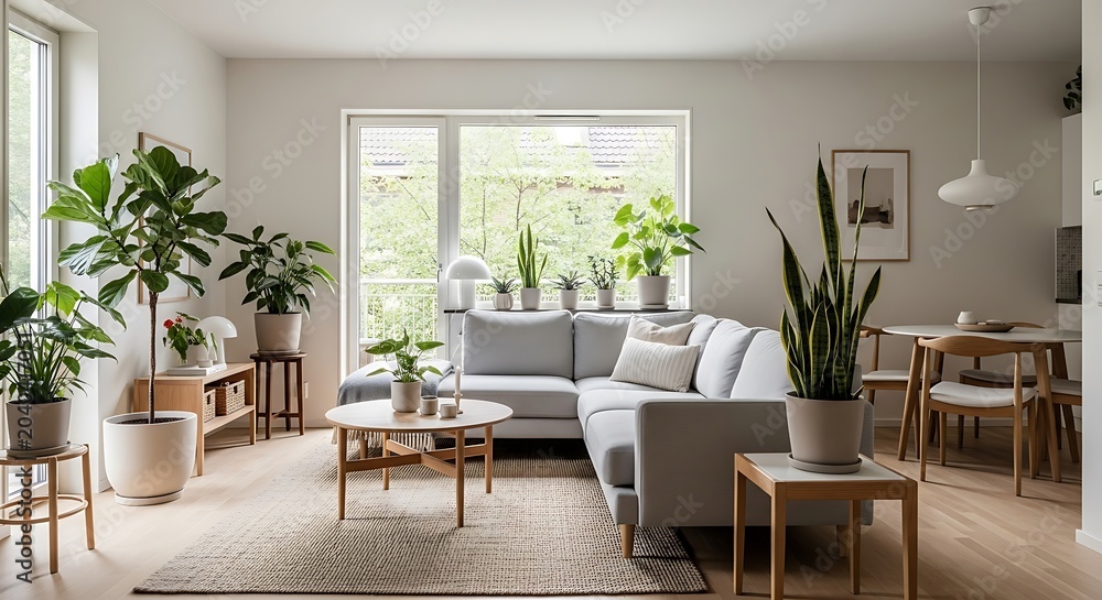 Fototapeta premium Modern living room interior filled with lush green houseplants interior houseplants apartment lifestyle furniture greenery domestic minimalist