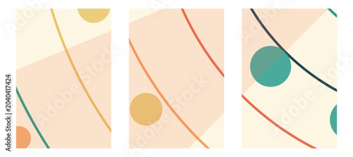 Set of three vertical abstract geometric designs with lines, circles, and curves in a modern minimalist style using earth tones.