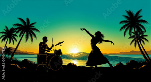 Silhouette of a drummer and a woman dancing on a tropical beach at sunset. Vibrant illustration with palm trees and ocean waves. Summer music and party concept for travel and event marketing.