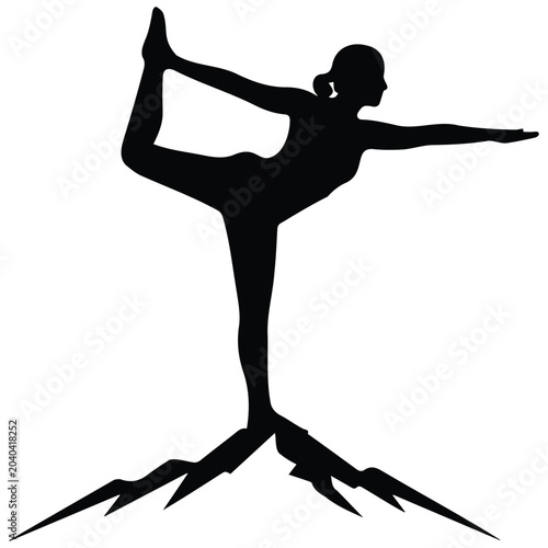 Yoga pose silhouette vector illustration line art healthy lifestyle mountain peaks.