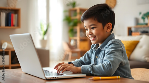 Smiling young Asian boy happily engaged in online learning or entertainment on a laptop at home, showcasing modern childhood education and digital interaction