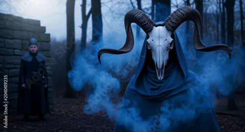 Mysterious figure wearing a ram skull mask and hooded robe in a dark forest. Occult entity surrounded by smoke in a misty medieval setting. Dark fantasy concept for horror storytelling and cinematic.