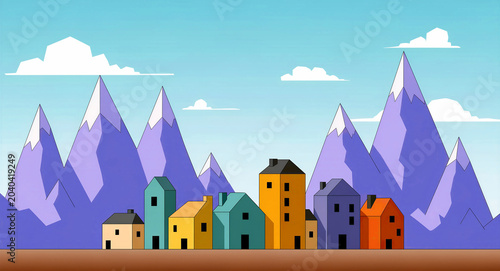 Minimalist village with colorful houses in front of purple mountains. Flat design illustration shows a row of small homes under a blue sky. Cartoon landscape concept, ideal for web backgrounds.