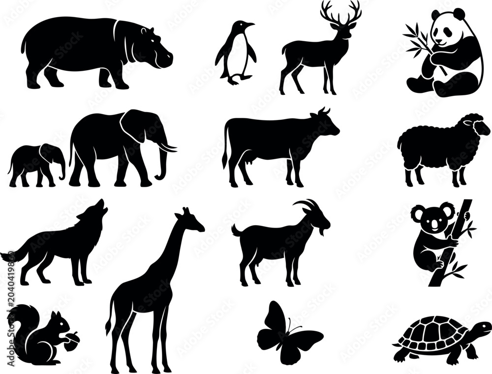 Fototapeta premium Animal Silhouettes Collection Black Shapes On White Background