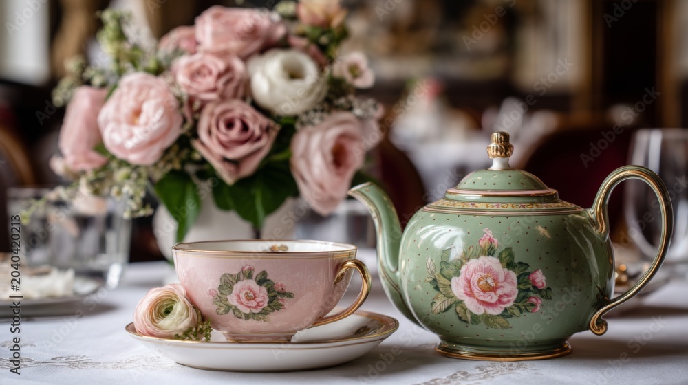 Fototapeta premium Elegant tea set with roses and delicate flowers on a beautifully arranged table in a charming indoor setting, perfect for a vintage tea party atmosphere