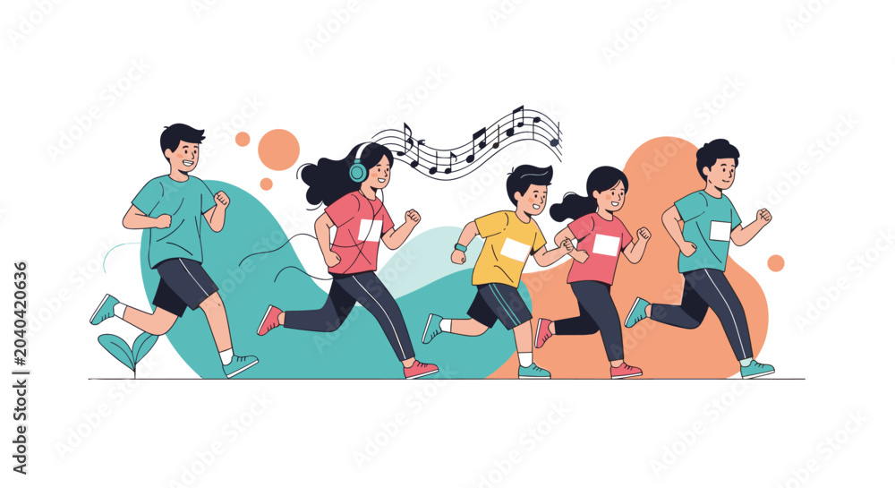 Fototapeta premium Group of determined children participating in a marathon race with participant numbers and floating music symbols.
