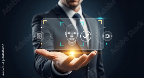 A business professional interacting with digital biometric security and facial recognition interface