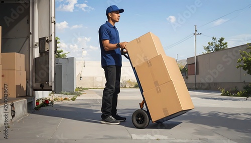 A man in a blue uniform pushing a dolly with boxes outdoors