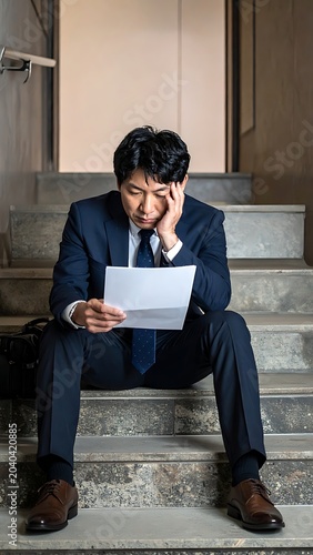 A man in a blue suit sits on stairs, looking stressed (1)
