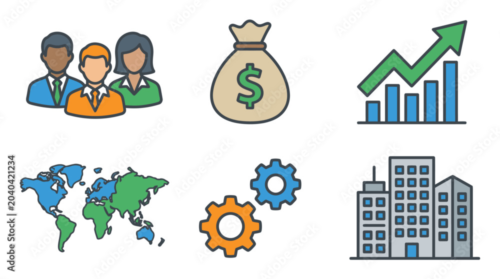 Fototapeta premium Business icons representing finance growth teamwork and global reach.