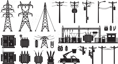 Electricity, power transmission, industrial icons, 20 black silhouette symbols, utility, energy, infrastructure