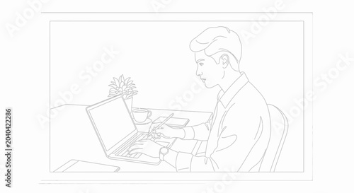 Young man working on laptop in cafe, focused on task, digital nomad lifestyle