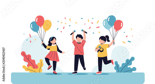 Group of happy children sings into microphones and dances among colorful balloons and confetti for a festive party or performance event.