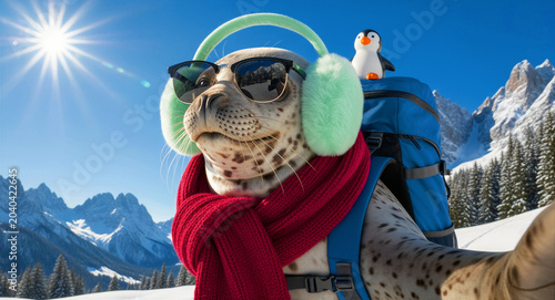Cute harbor seal taking a selfie in a snowy mountain landscape. The animal wears earmuffs, sunglasses, and a red scarf with a backpack. Humorous winter travel concept for holiday marketing.