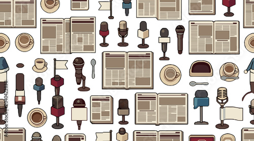 Seamless pattern of vintage hats and books on neutral background