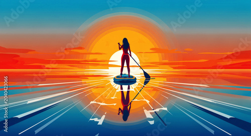 Woman stand-up paddleboarding during a vibrant sunset over calm water. Minimalist digital illustration with rich orange and blue gradients. Wellness concept for travel and summer marketing.