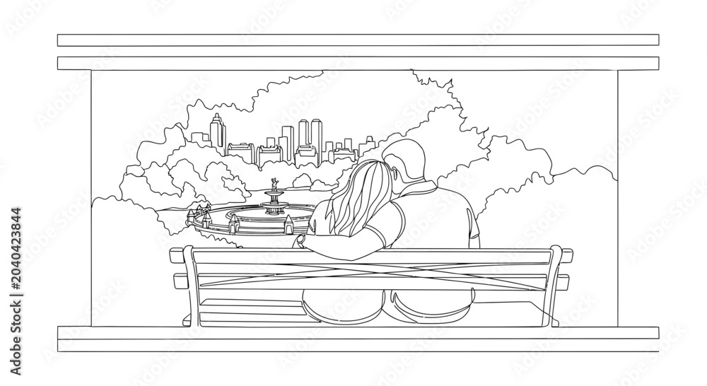 Fototapeta premium Couple on bench overlooking city skyline and trees, romantic view, love, relationship, urban landscape