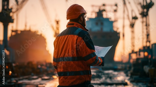 Marine Engineer Surveying Vessel Under Construction in Shipyard