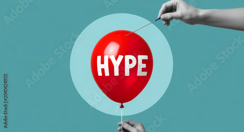 A hand holding a needle about to pop a red balloon with the word HYPE written on it. Minimalist conceptual image of a bubble being burst. Concept of bursting an overvalued marketing bubble.