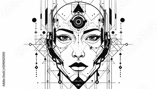 A futuristic AI assistant icon vector with a clean geometric robotic face is depicted in a minimal black and white illustration.