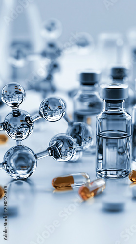 Organic chemistry pharmaceutical research scene with molecular formulas capsules glass vials and lab tools for premium medical science