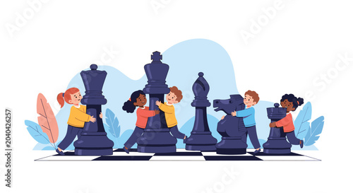 Group of diverse children plays together on a large chessboard by hugging and moving giant black chess pieces in a blue setting.