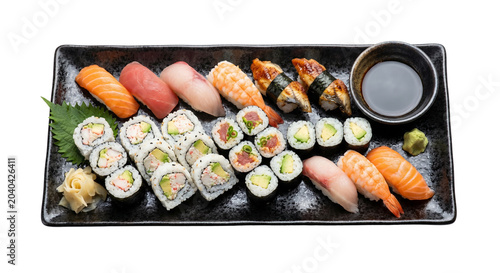 Assorted Japanese sushi platter with nigiri and maki rolls