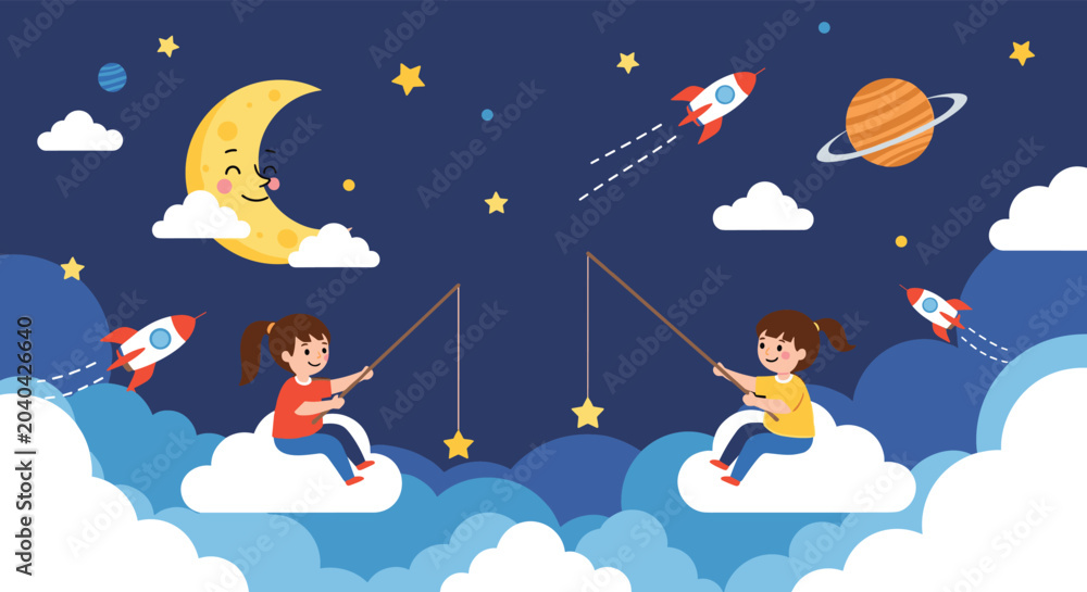Naklejka premium Whimsical scene of two young girls sitting on white clouds and fishing for golden stars in a starry night sky with a moon and rockets.