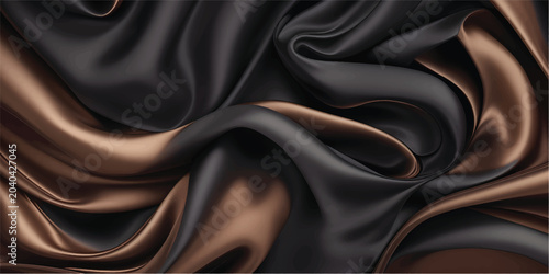 Schilderij op canvas Glossy black fabric folds reveal shimmering golden-bronze undertones creating a fluid textured and abstract wavy design