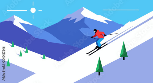 Obraz na płótnie Flat design skier descending snowy mountain slope with pine trees and sun