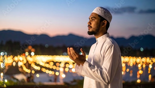 A man in a white robe and hat with hands clasped in prayer