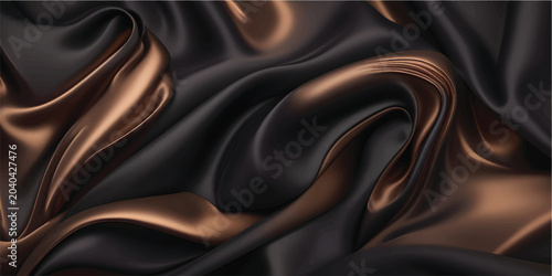 Obraz na płótnie Glossy black fabric folds reveal shimmering golden-bronze undertones creating a fluid textured and abstract wavy design