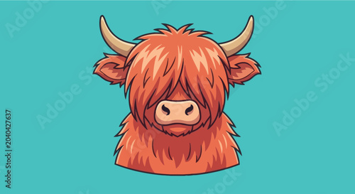 Принти на полотні Cute cartoon highland cow illustration with shaggy orange fur and horns, graphic