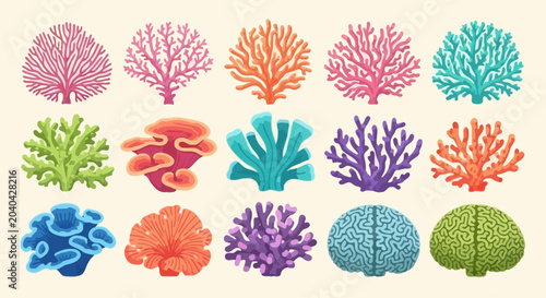 Colorful coral collection, diverse marine life forms, set of underwater organisms, flat graphic illustration